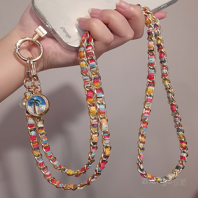 Crossbody phone strap long metal chain painted cloth strap women's outdoor anti-loss phone case bag chain