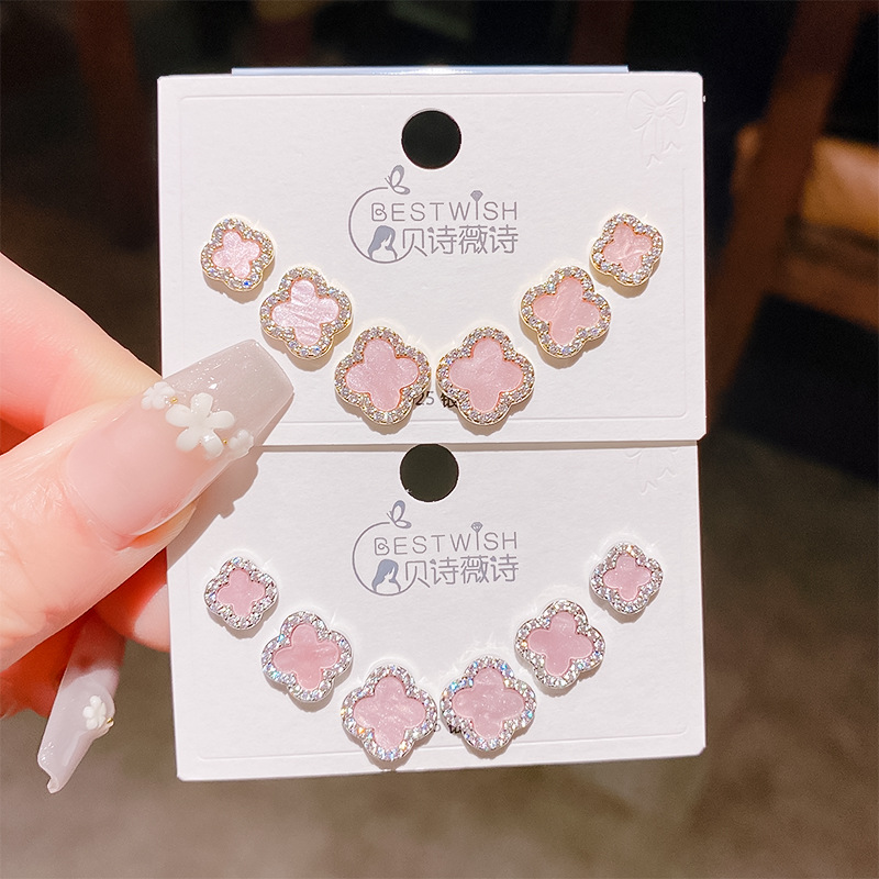 Summer new color large version pink zircon four-leaf flower earrings three pairs, six-piece set