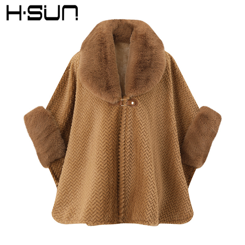 H·sun street thickened knitted plaid shawl winter warm fur collar customizable