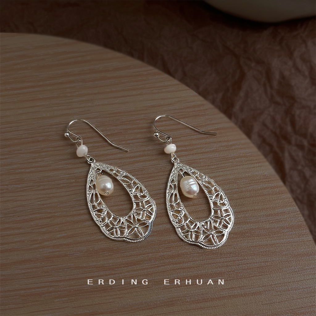 Freshwater pearl ethnic style handmade water drop hollow new earrings jewelry