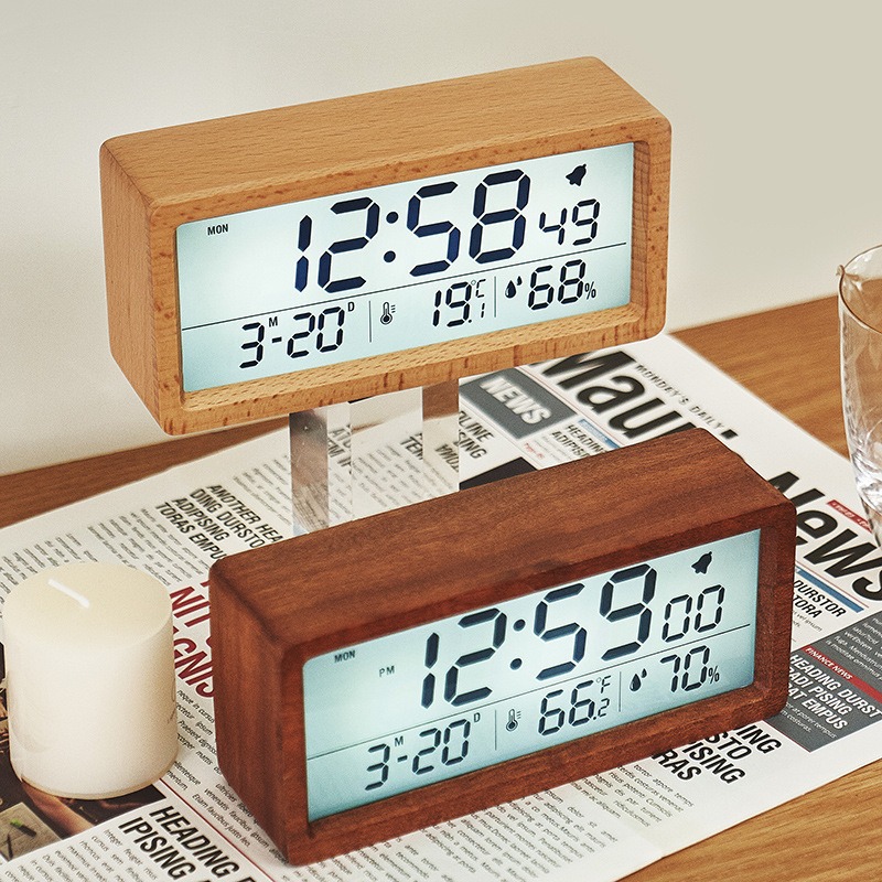 New Solid Wood Clock Simple Temperature and Humidity 1906 Clock Night Light Bedside Clock Large Screen LCD Wooden Alarm Clock