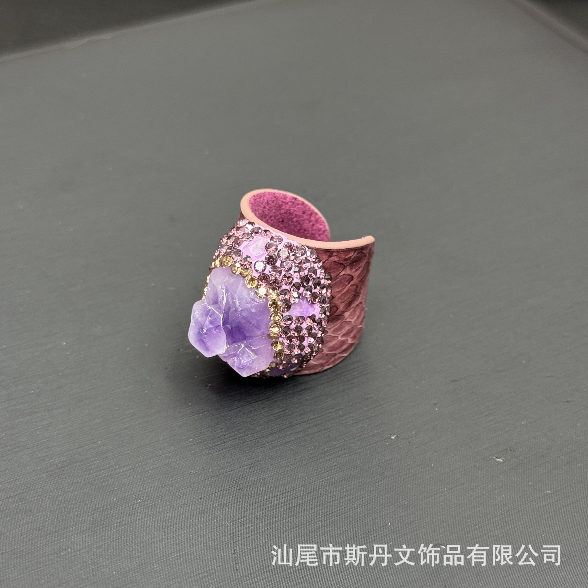 New Natural Amethyst Raw Stone Genuine Leather Ring Niche Handcrafted Inlay Ring Live Stream