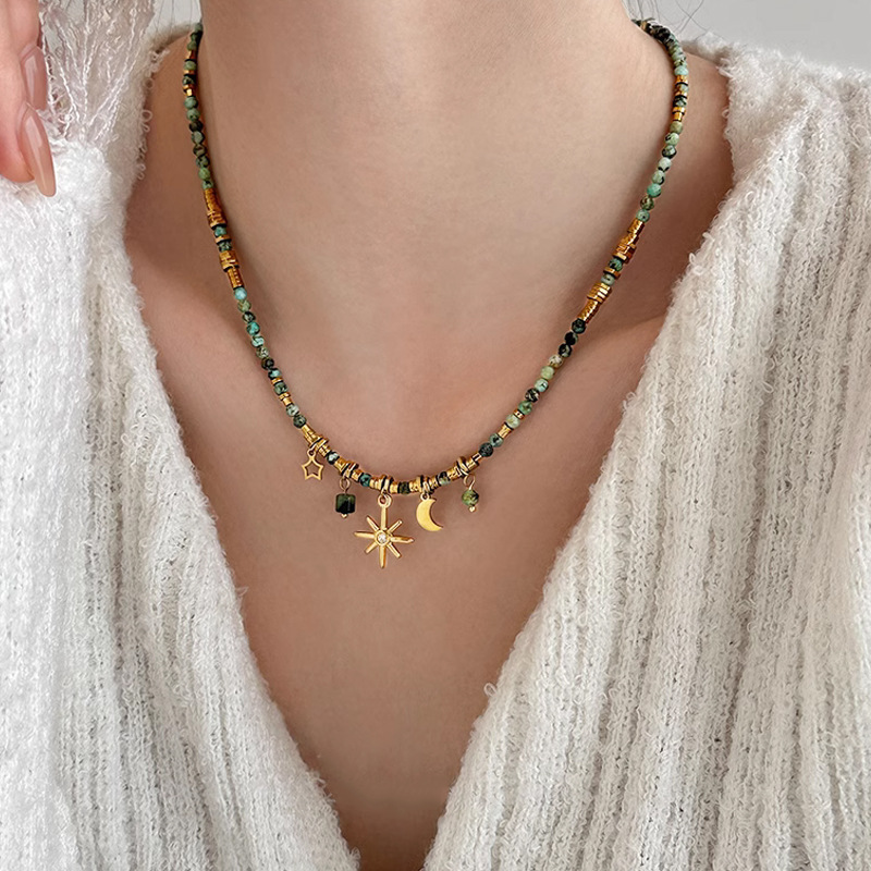 Colorful natural stone beaded necklace niche sunflower autumn winter美拉德 necklace neck accessory women
