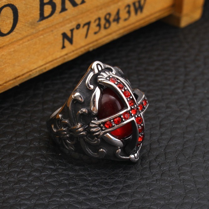 Accessory Ring Stainless Steel Finger Ring Red Rhinestone Casting Men's Ring