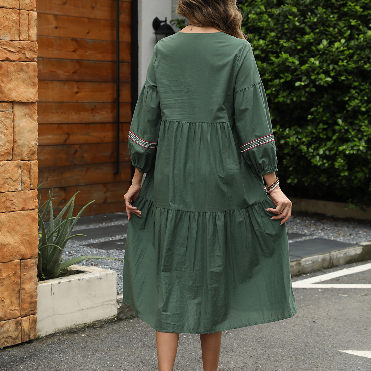 Cotton-linen long sleeve ethnic style lantern sleeve loose A-line belly-covering mid-length dress #793