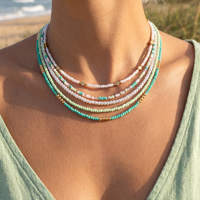 5-piece Set Random Seed Bead Heart Necklace Set Beach Season Seaside Party Women's Neck Accessory