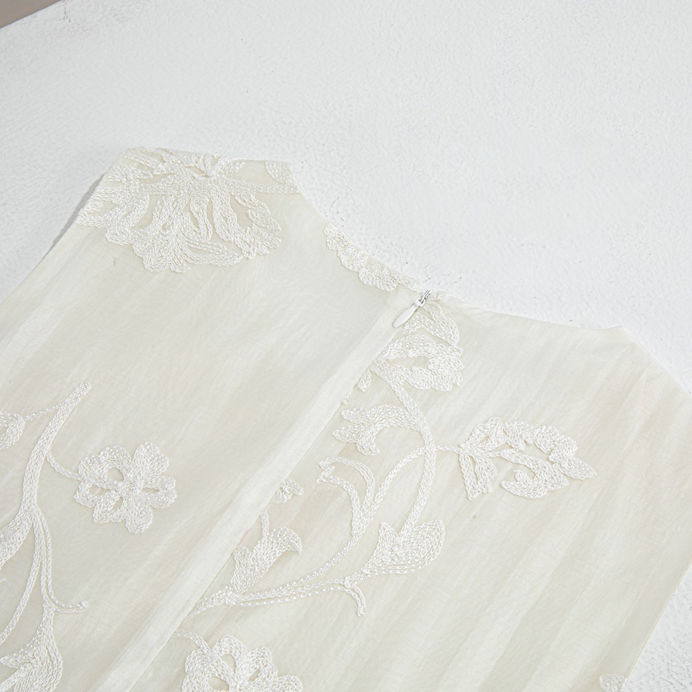 Heavy embroidery tencel white dress women summer new Chinese style long sleeveless vest dress