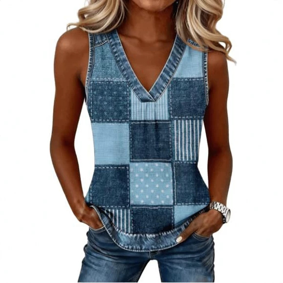 2026 New Women's V-Neck Sleeveless Colorful Print Women's Vest