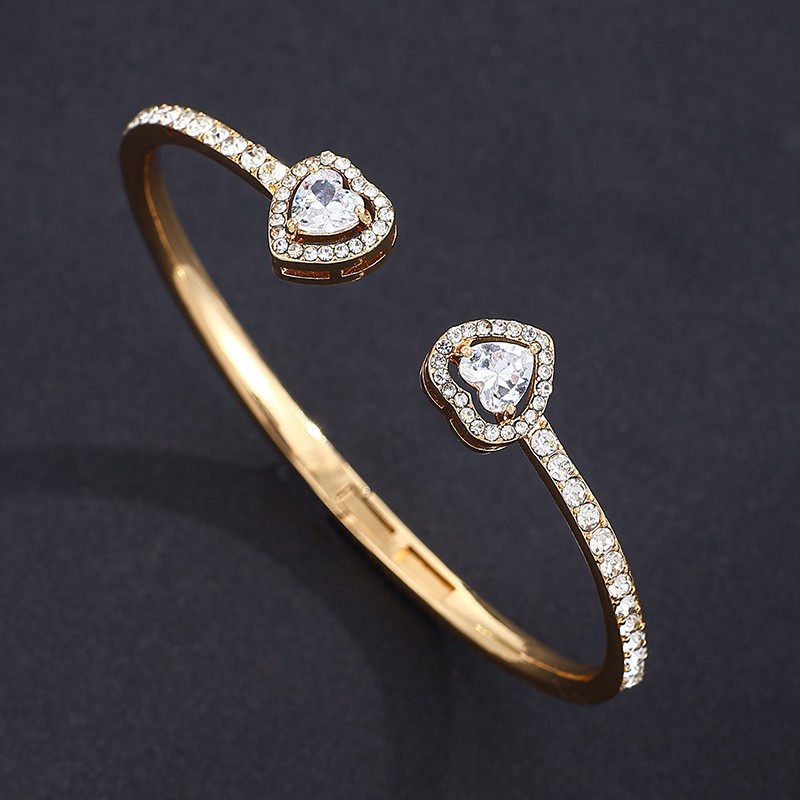 Gold-plated diamond-studded heart bangle for women open jewelry