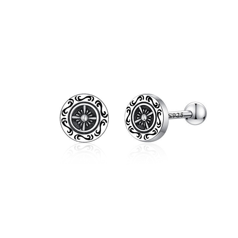 925 silver needle earrings for men, vintage ship wheel ear bone stud single earring not easy to allergy for men