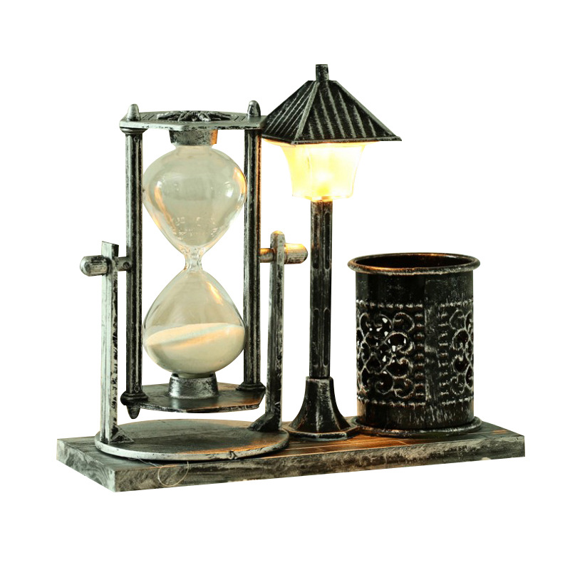 Antique Flowing Sand Street Lamp Pen Holder Student Gift White Sand Hourglass Color-Changing Night Light Ornament