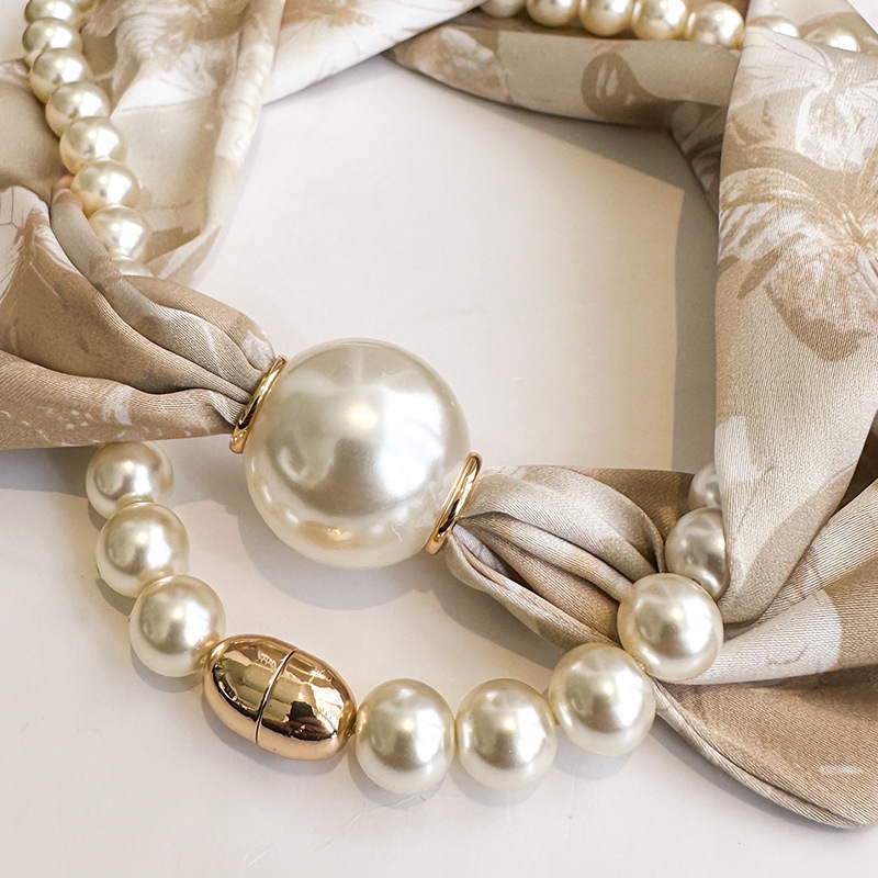 Magnetic buckle pearl necklace small long strip silk scarf women mother neck protection lazy matching shirt thin scarf