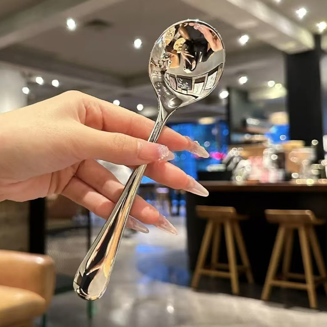 Stainless Steel Spoon Household Simple Cute Long Handle Round Spoon Eating Spoon Adult Soup Spoon