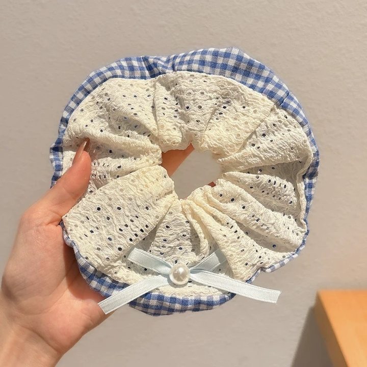 71#蓝色格纹AB面蕾丝珍珠蝴蝶结约12cm