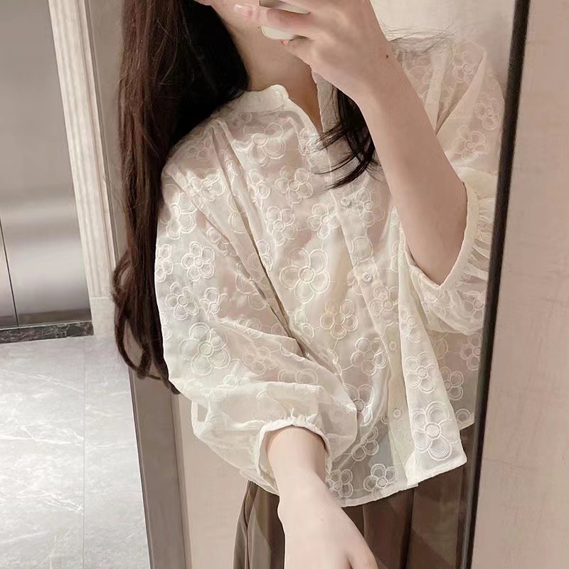 Salt-style Women's Blouse Embroidery Crochet Medium Sleeve Breathable Shirt Loose Top
