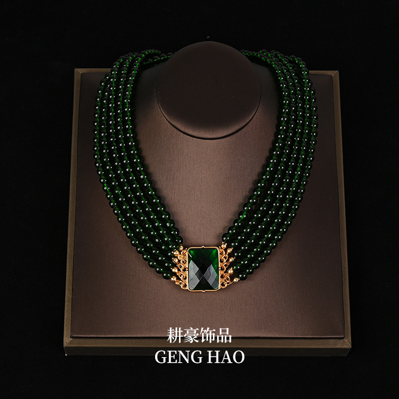 Vintage exaggerated green crystal glass multi-layer stacking set necklace earring dress accessories choker