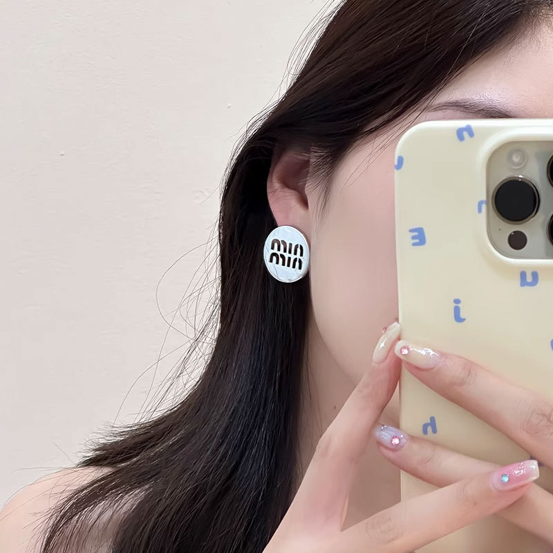 Niche metal circular hollow letter ear stud earrings simple ear accessory women