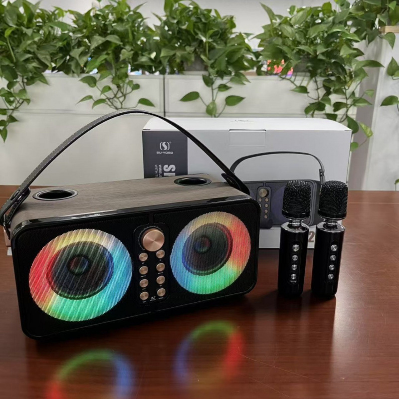 YS607 Colorful Portable Outdoor Home Leather Texture High Power 3600mAh Dual Wireless Mic KTV Speaker