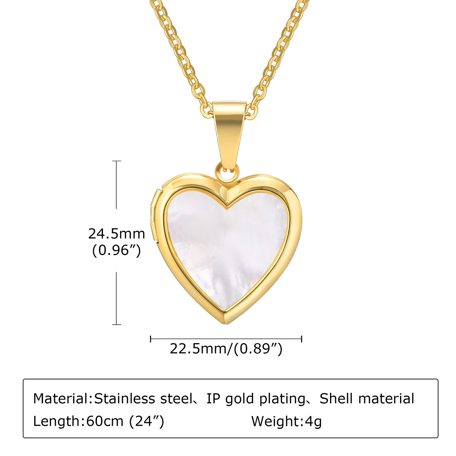 Stainless Steel Women's Gold Heart Pendant White Shell Abalone Pattern Necklace Openable Photo Locket Necklace