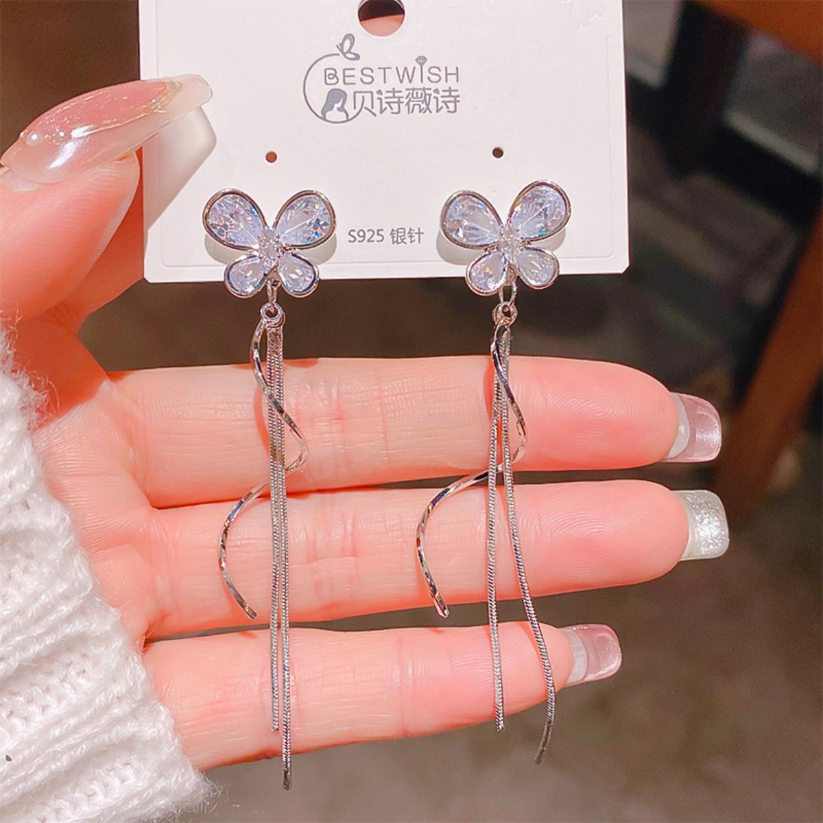 [Tassel 1] Exquisite super fairy face-slimming long zircon earrings, silver needle earring accessories