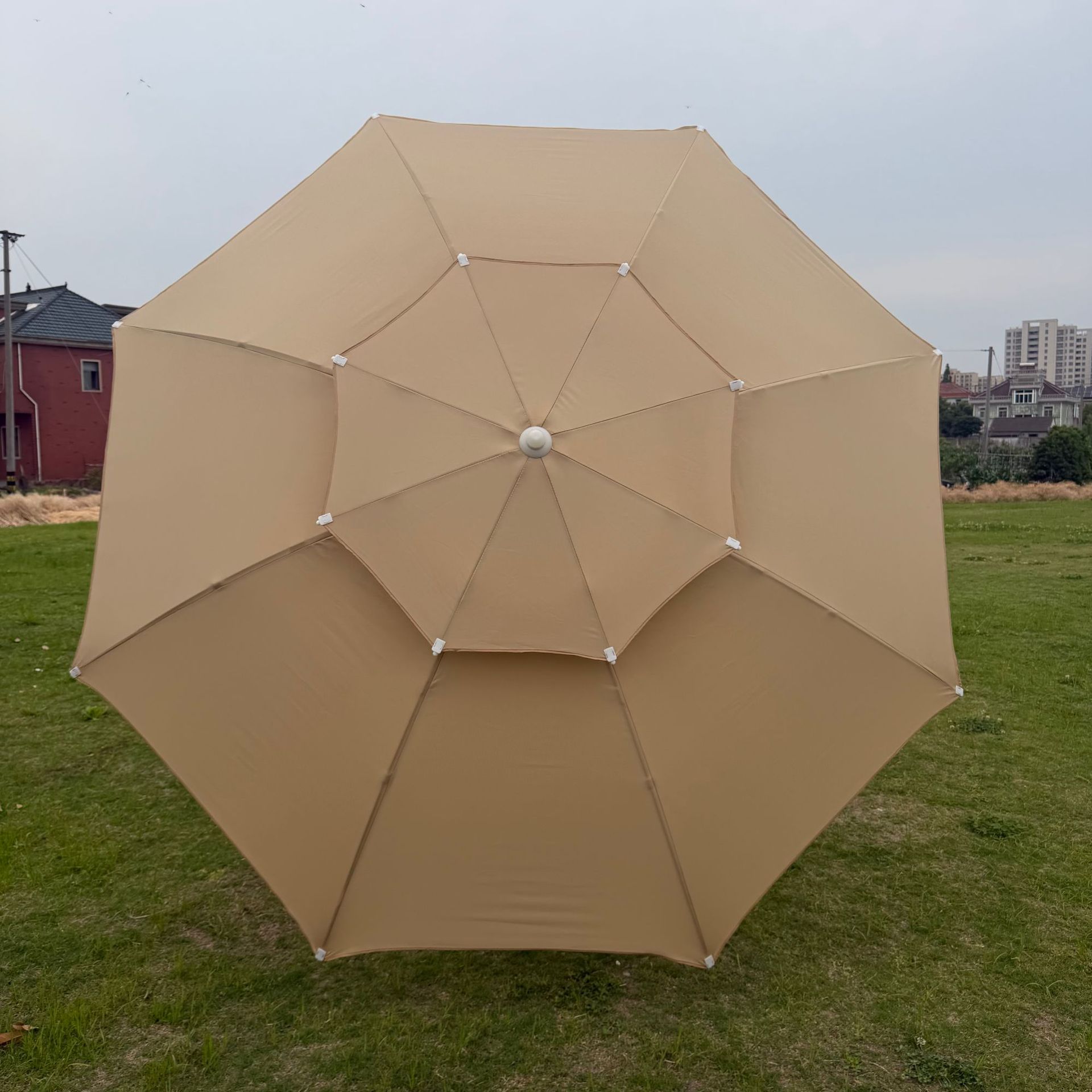Outdoor 3m center pole umbrella, courtyard umbrella, double-layer fiber wind-resistant umbrella, double-bone fiber beach umbrella