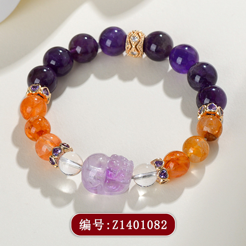 Z1401紫水晶红胶花貔貅手链
