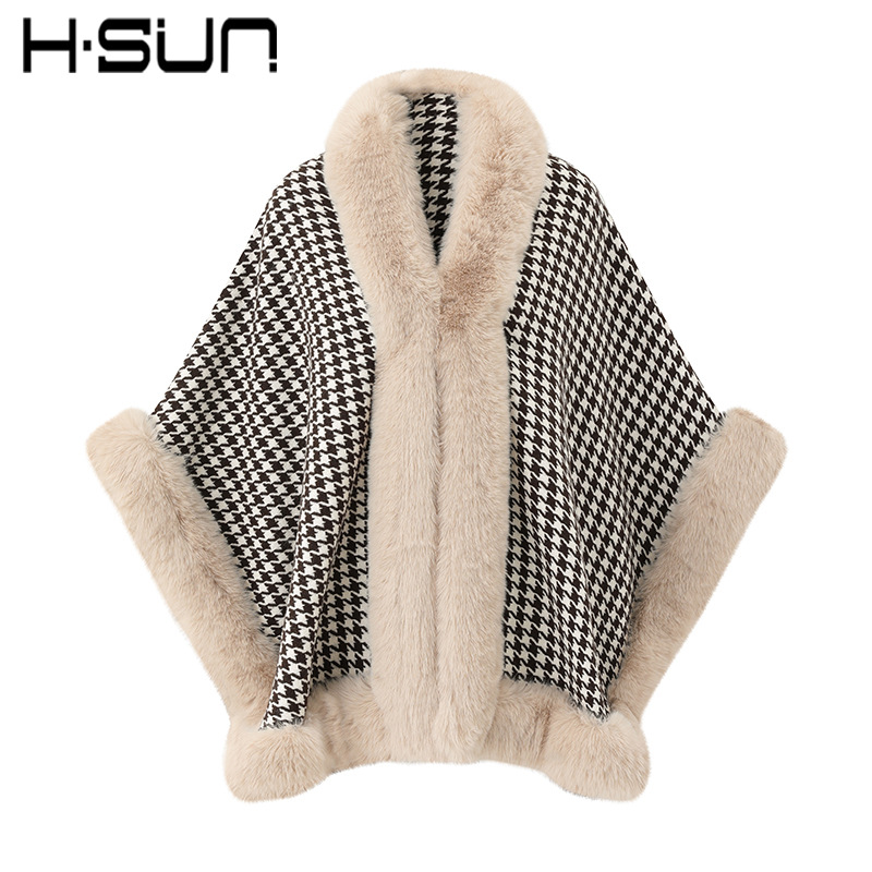 Mid-Length Fur Collar Imitation Rabbit Fur Large Fur Collar Houndstooth Shawl Scarf Poncho Cape Shoulder Cape