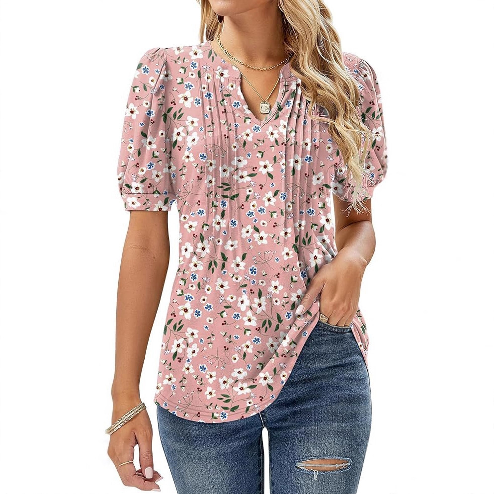 2026 Women's V-Neck Bubble Short Sleeve Pleated T-Shirt Women's Casual Top