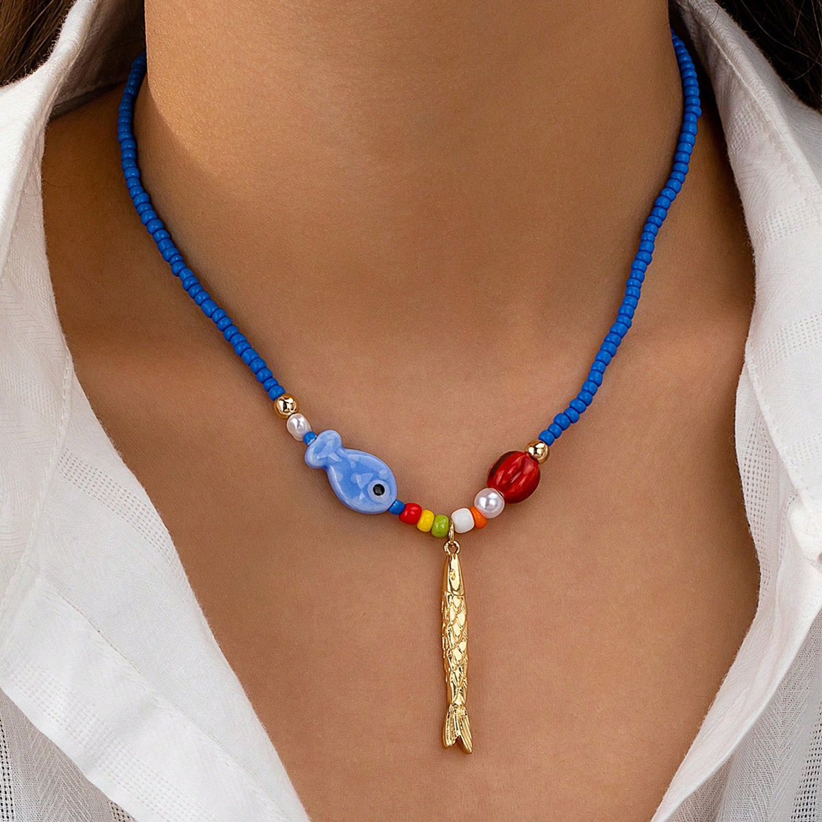 Qingdao Daiwei Accessories Bohemian Glass Bead Fish Starfish Pendant Necklace Summer