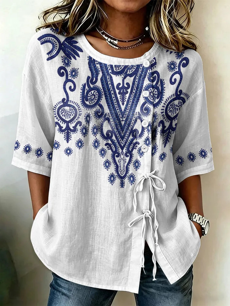 2026 New Summer Women's Top Printed Casual Short Sleeve Drawstring Bow Blouse