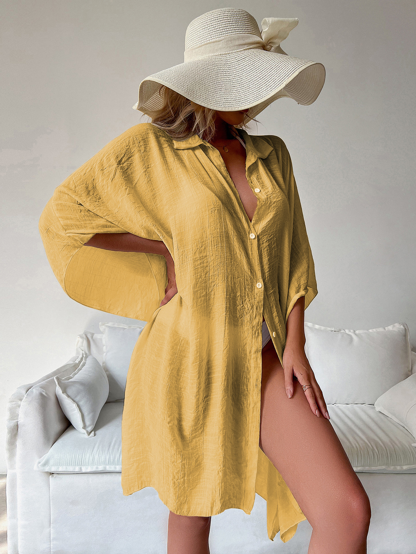New Slub Cotton Shirt Style Loose Beach Cardigan Vacation Sun Protection Bikini Cover Up Swimsuit Outer Cardigan