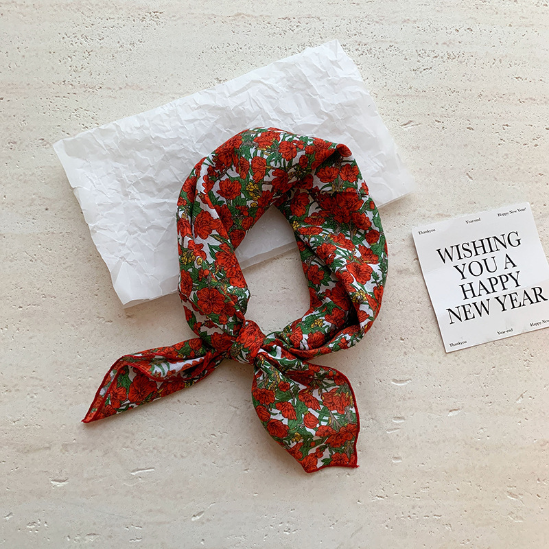 Self-retained soft square scarf with floral and polka dot cotton-linen decorative headscarf, fresh waist scarf