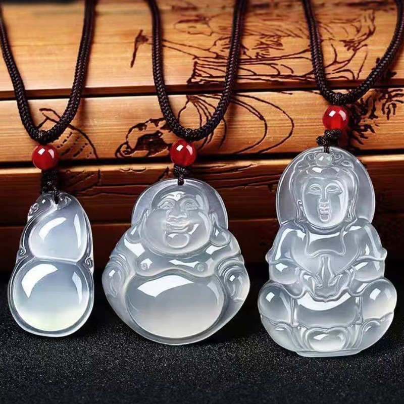 Ice Seed White Chalcedony Maitreya Buddha Jade Pendant Men Women Peace Button Agate Pixiu Multi Pendant
