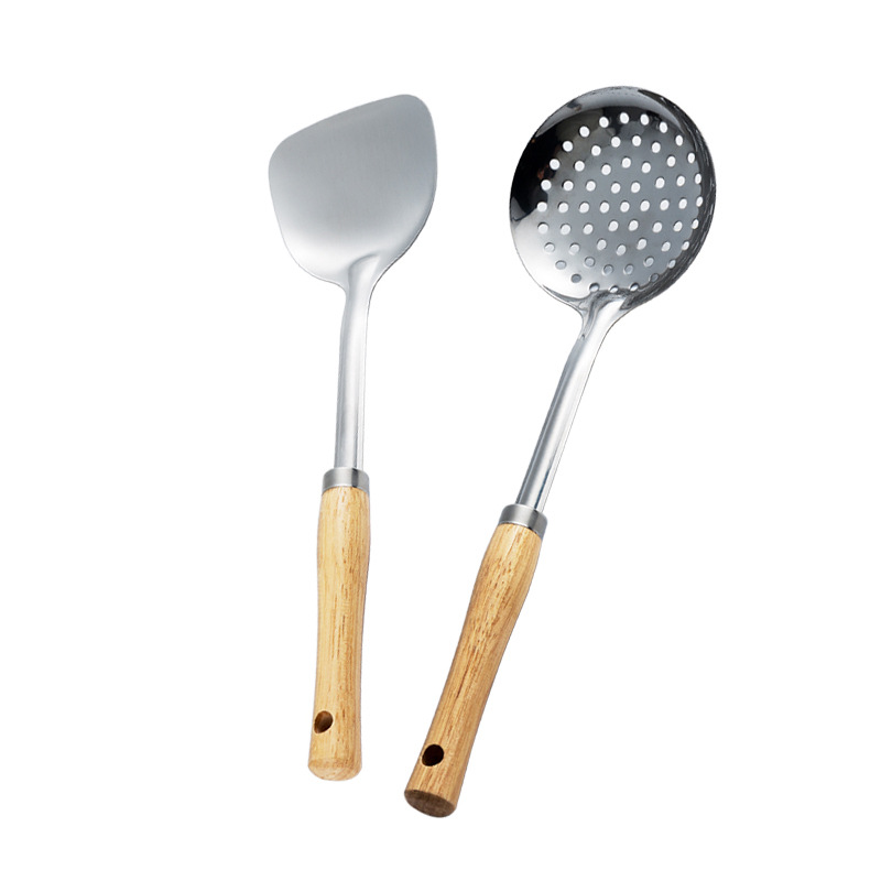 304 stainless steel spatula kitchenware set, high temperature resistant stir-fry spatula, home use, soup spoon, slotted spoon, wooden handle, kitchen supplies