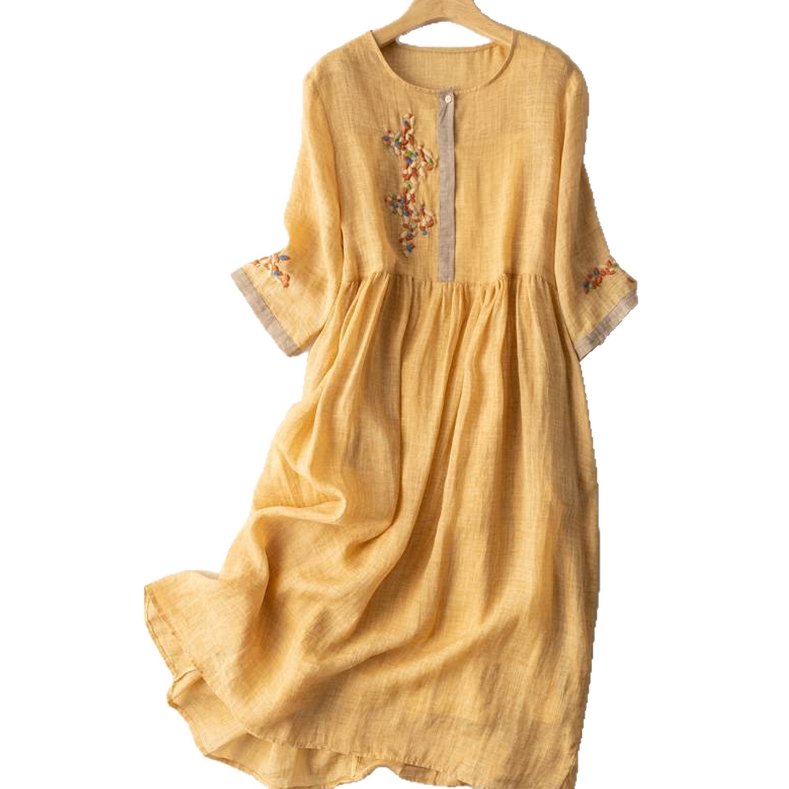 New Chinese style cotton-linen seven-point sleeve dress ethnic style summer loose middle-aged dress long dress