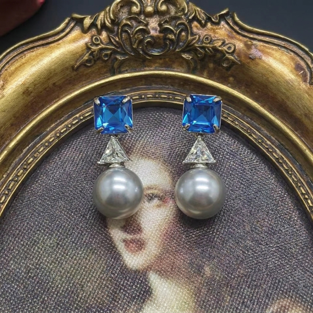 Qingdao vintage cool-toned aquamarine gray pearl set geometric cut necklace and earrings two-piece set
