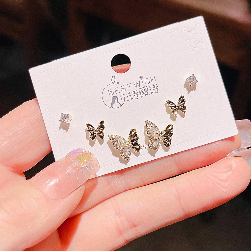 Wind real gold electroplated copper-set zircon 6 pieces three pairs of small earrings collection, earring accessories
