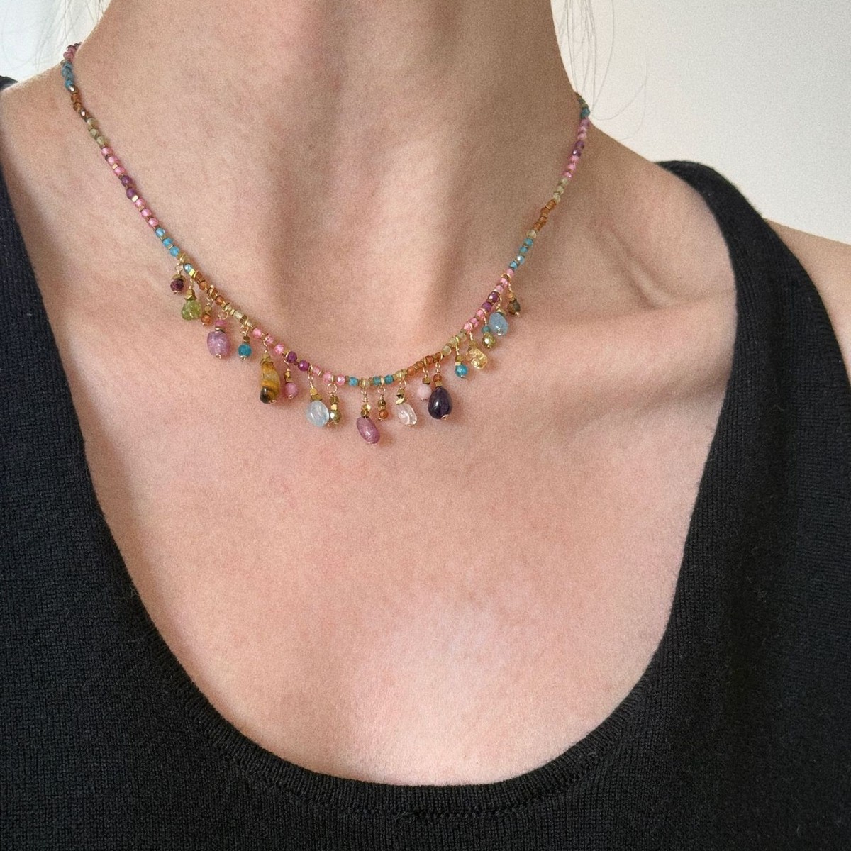 Bohemian colorful tassel dreamy irregular natural stone pendant delicate necklace simple