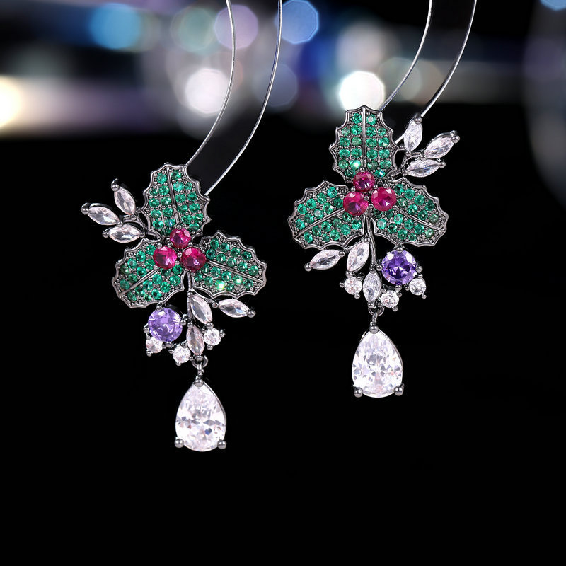 Heavy Craft Earrings Dress Matching Petal Long Elegant Flower Zircon Earrings