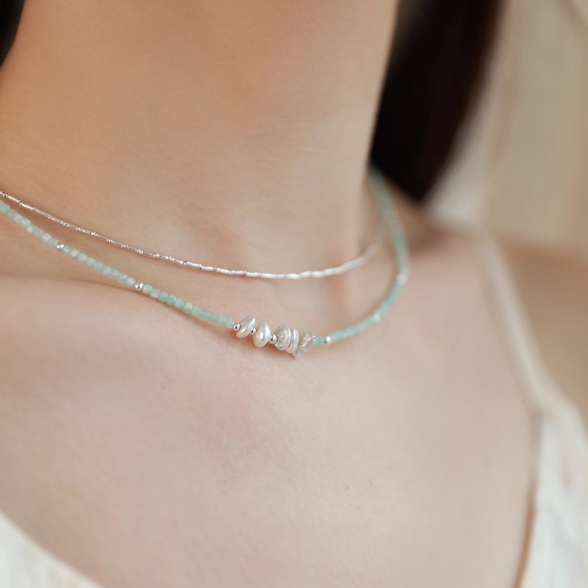 Chinese-style new Chinese-style amazonite petal pearl necklace for women, collarbone chain, dopamine small fresh ethnic style neck chain