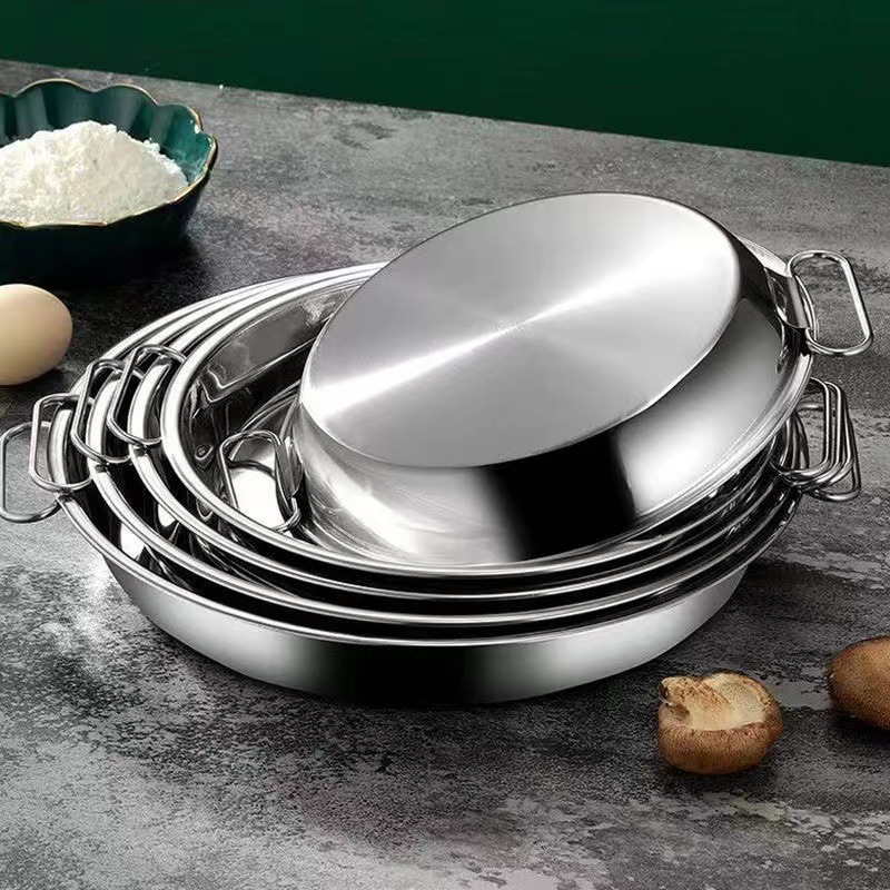 Thickened stainless steel cake plate with ears round plate household cold noodle pan flat bottom pan steam rice noodle multi-specification steaming tray
