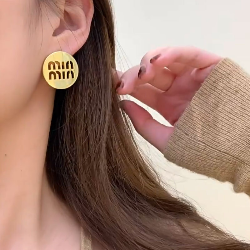 Niche metal circular hollow letter ear stud earrings simple ear accessory women