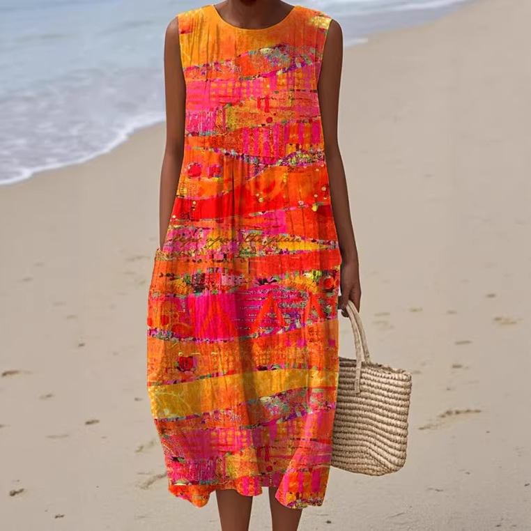 2026 New Sleeveless Printed Dress Beach Vacation Loose Mid Length Round Neck Dress Seaside Vacation Dress
