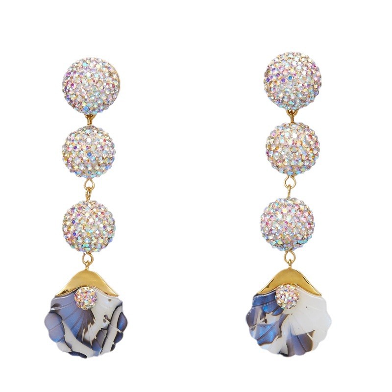 Polymer clay full diamond gem ball fan-shaped luxurious long ear studs earrings le