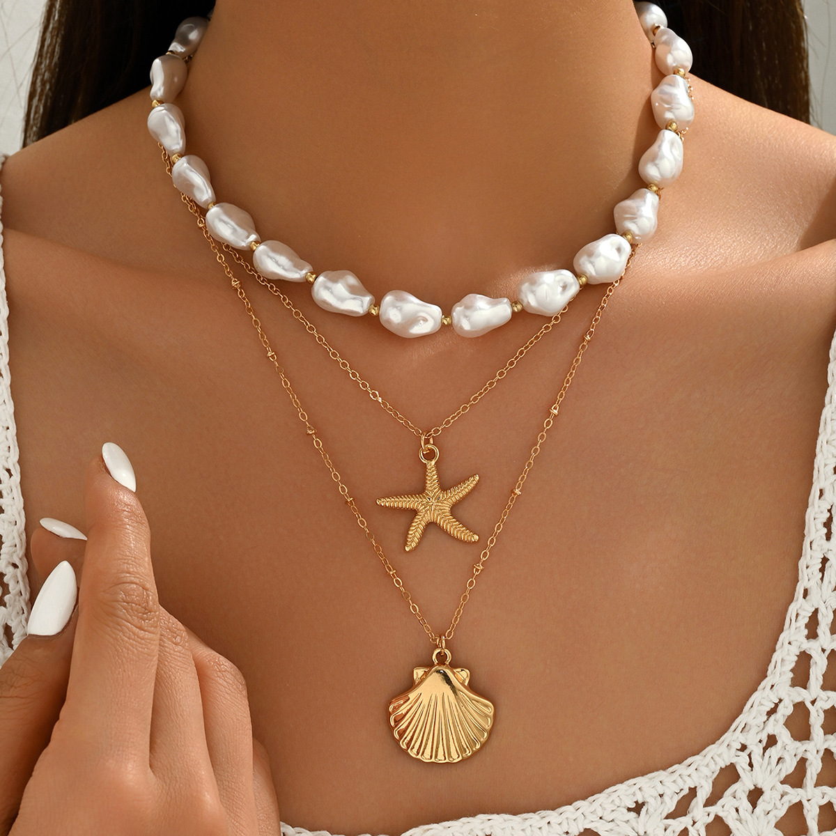 Accessories Simple Starfish Shell Pendant Necklace Vacation Style Pearl Bead Choker Necklace for Women