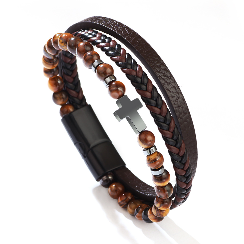 Cross Multi-layer Black Agate Bracelet New Woven PU Leather Tiger Eye Stone Matte Stone Bracelet