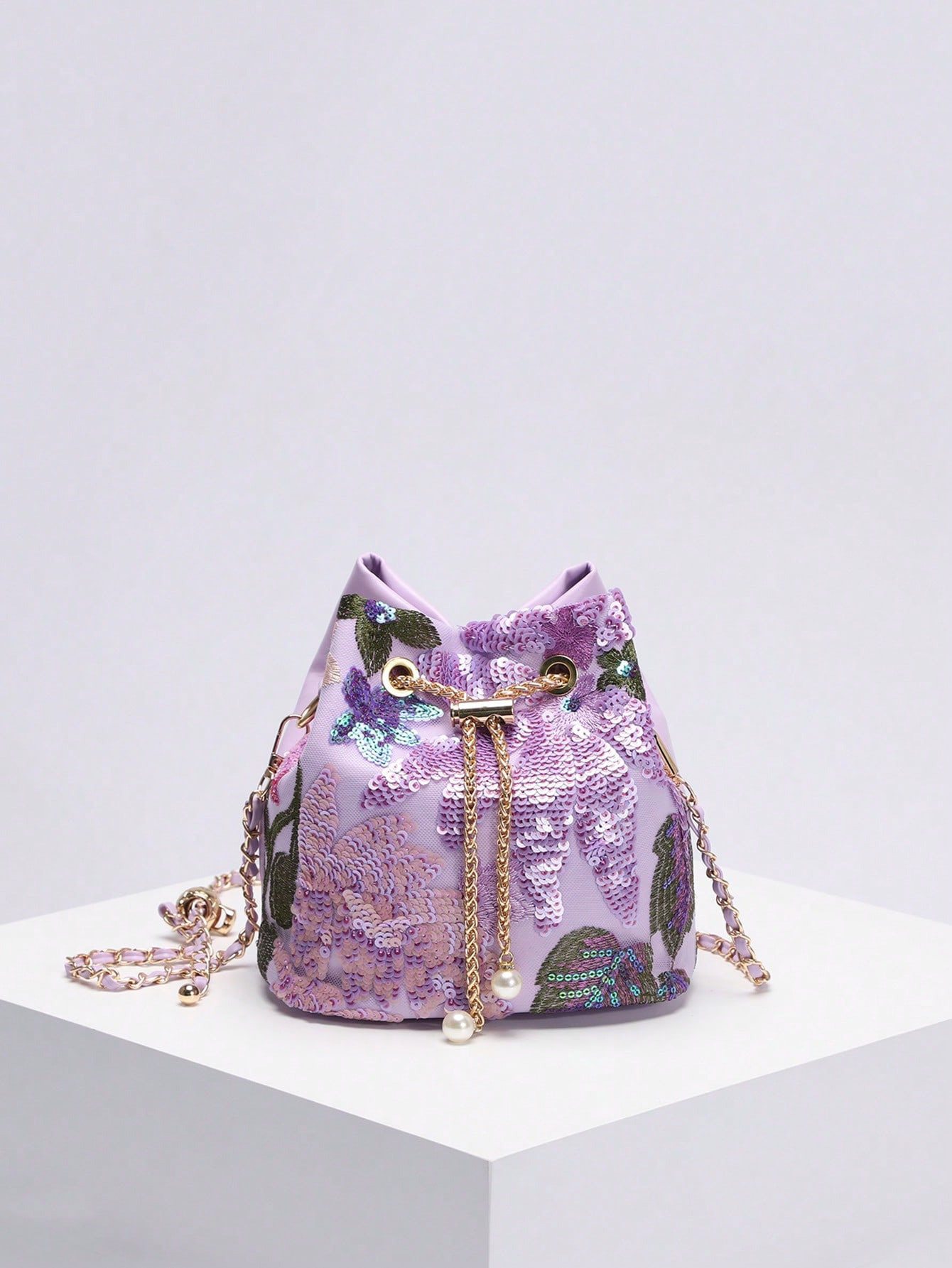 Women's Bag New Chinese Style Flower Embroidery Sequins Mesh Splicing Contrast Color Elegant Lady Drawstring Chain Bucket Bag