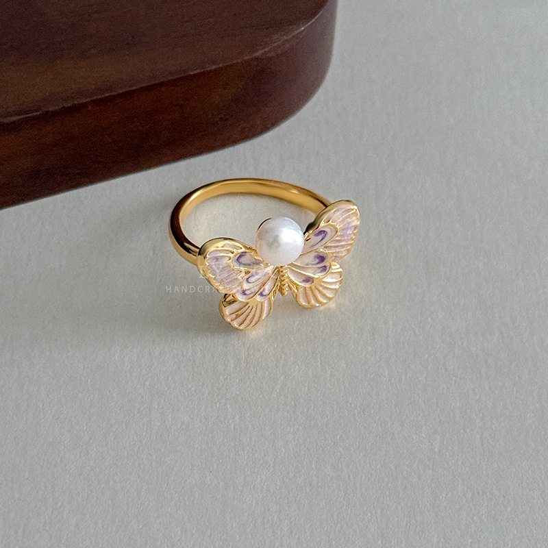 Natural Rectangular Irregular Baroque Pearl Open Ring for Women, Niche and Simple Ring