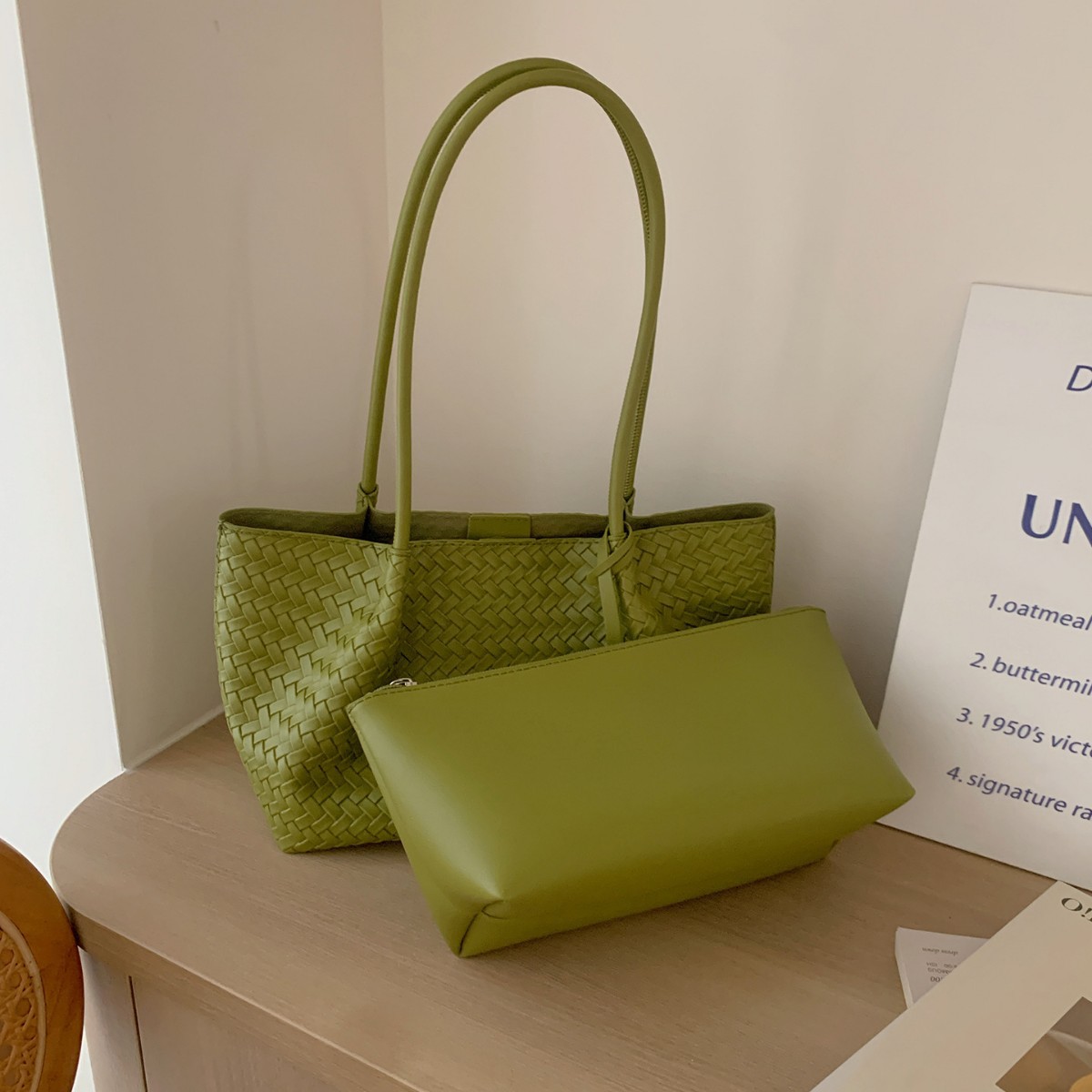 Trendy Woven Bag Soft Leather Handheld Underarm Bag Basket Bag Single Shoulder Mother-Child Bag