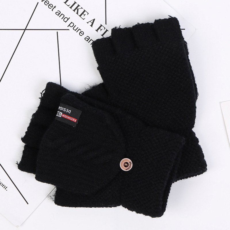 Gloves Men Winter Warm Cold-Proof Driving Cycling Finger-Exposed Flip-Top Gloves Knitted Yarn Half-Finger Gloves